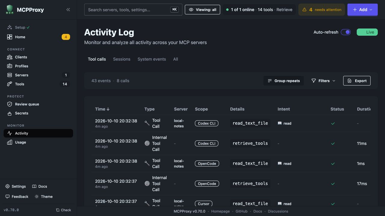 MCPProxy Activity log with successful filesystem reads associated with Codex, OpenCode, Cursor and Claude Code client credentials
