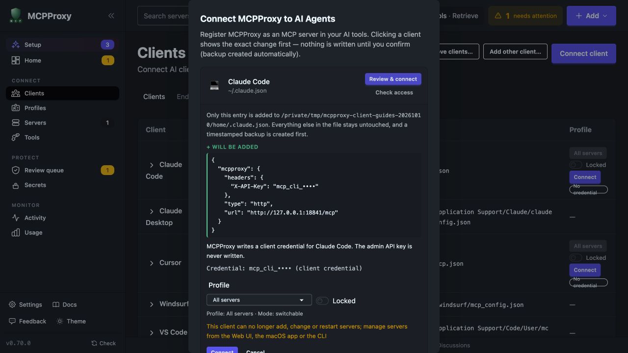 Real MCPProxy Web UI configuration preview for Claude Code, with the client credential masked