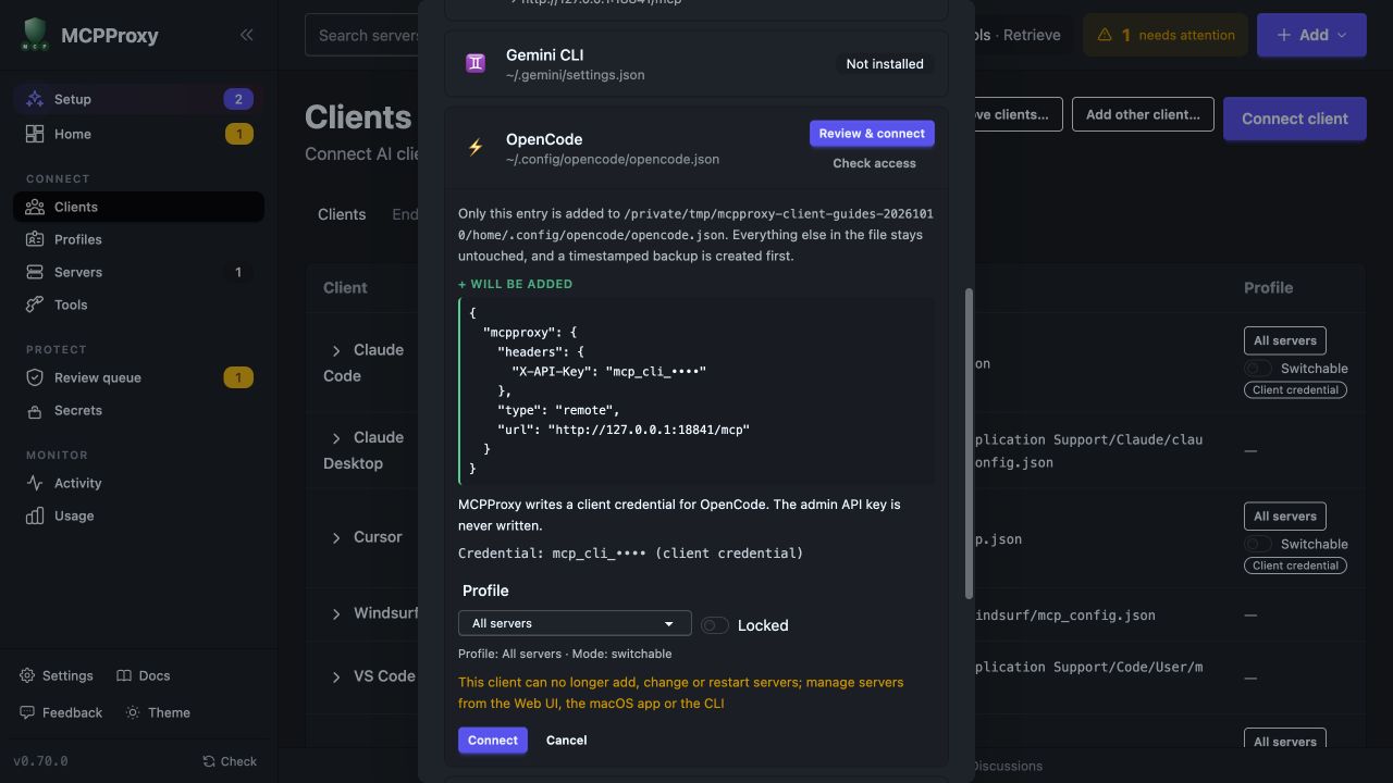 Real MCPProxy Web UI configuration preview for OpenCode, with the client credential masked