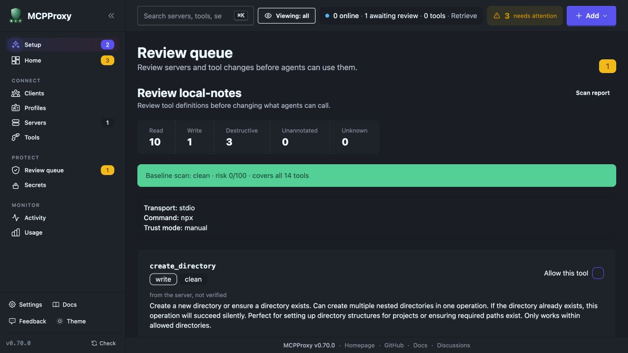 Real MCPProxy Review queue for an example filesystem server, with read tools selected for approval